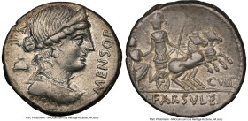 L. Farsuleius Mensor (ca. 76-75 BC). AR denarius (18mm, 5h). NGC Choice VF. Rome. MENSOR, diademed and draped bust of Libertas right; S•C and pileus b...