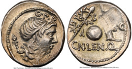 Cn. Lentulus (ca. 76-75 BC). AR denarius (18mm, 3.91 gm, 6h). NGC Choice XF 2/5 - 4/5, adjusted flan. Uncertain mint in Spain. G•P•R, diademed, draped...