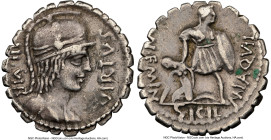 Mn. Aquillius M.f. (ca. 71 or 65 BC). AR serratus denarius (19mm, 5h). NGC Choice VF. Rome. VIRTVS-III•VIR, draped bust of Virtus right, wearing crest...