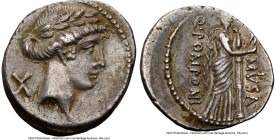 Q. Pomponius Musa (ca. 66 or 56 BC). AR denarius (19mm, 3.86 gm, 7h). NGC Choice XF 4/5 - 3/5, light scratches. Rome. Laureate head of Apollo right, h...