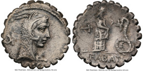 L. Roscius Fabatus (ca. 64 or 59 BC). AR serratus denarius (18mm, 5h). NGC Choice VF, edge chips, brushed. Rome. L ROSCI, head of Juno Sospita right, ...