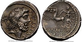 P. Plautius Hypsaeus (ca. 60 BC). AR denarius (17mm, 4.02 gm, 4h). NGC Choice VF 5/5 - 4/5. Rome. P • YPSAE • S • C, head of Neptune right, trident be...