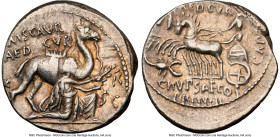 M. Aemilius Scaurus and P. Plautius Hypsaeus (ca. 58 BC). AR denarius (17mm, 3.76 gm, 6h). NGC Choice VF 4/5 - 5/5. Rome. M SCAVR / AED CVR, kneeling ...