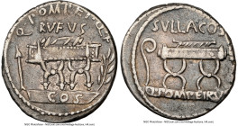 Q. Pompeius Rufus (ca. 54 BC). AR denarius (18mm, 3.62 gm, 1h). NGC VF 4/5 - 4/5. Rome. Q•POMPEI•Q•F / RVFVS, curule chair set on tablet inscribed COS...