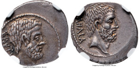 Q. Servilius Caepio (M. Junius) Brutus, as Moneyer (ca. 54 BC). AR denarius (18mm, 3.60 gm, 12h). NGC XF 4/5 - 4/5. Rome. BRVTVS, bare head of L. Juni...