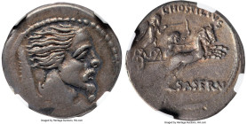 L. Hostilius Saserna (ca. 48 BC). AR denarius (20mm, 3.86 gm, 10h). NGC XF 4/5 - 5/5. Rome. Head of Gallic warrior (Vercingetorix?) right, with limed ...