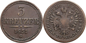 Austria, 3 Kreuzer 1851 G, Nagybanya - Baia Mare