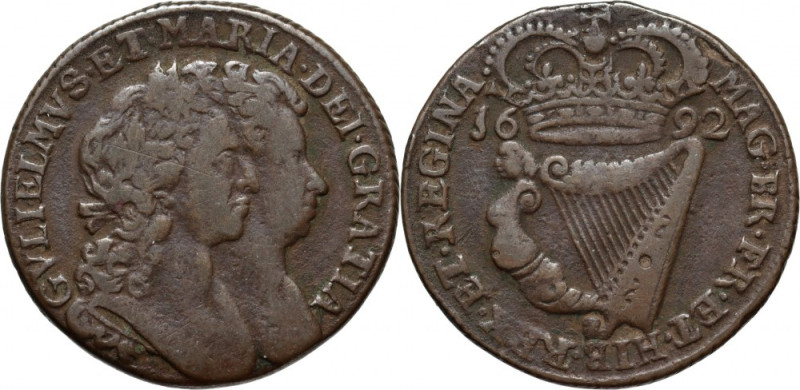 Ireland, William III and Mary II, 1/2 Penny 1692 Reference: KM #109
Grade: VF