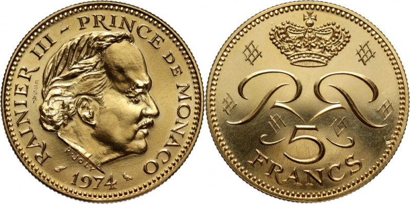 Monaco, Rainien III, 5 Francs 1974, ESSAI Gold&nbsp;19,59&nbsp;g. Mintage&nbsp;1...