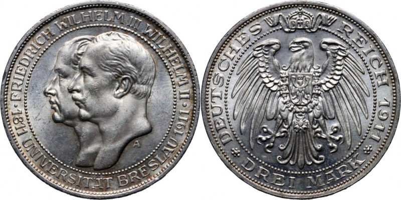 Germany, Prussia, Wilhelm II, 3 Mark 1911 A, 100th anniversary of the University...