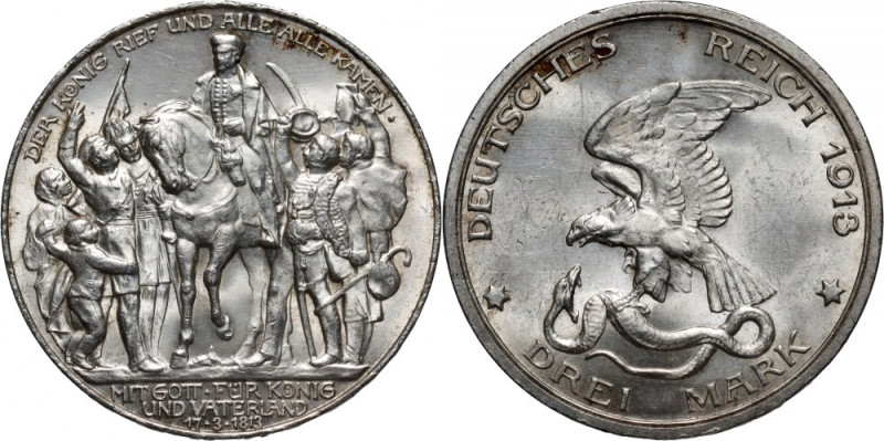 Germany, Prussia, Wilhelm II, 3 Mark 1913 A, Berlin, 100th Anniversary of the vi...