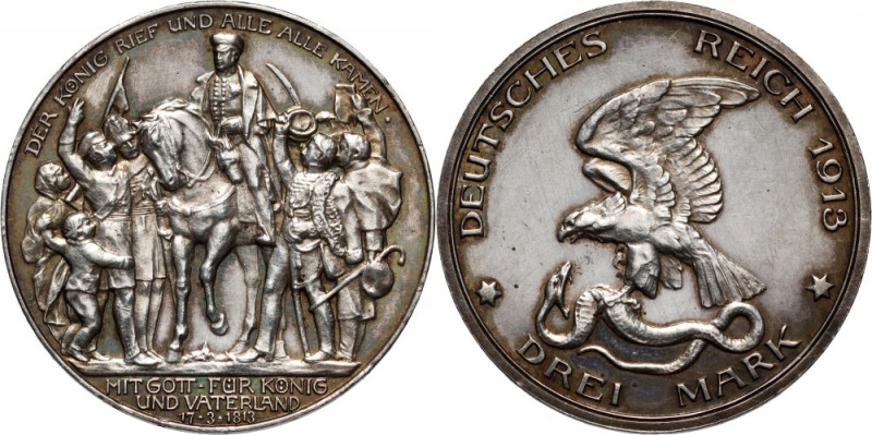 Germany, Prussia, Wilhelm II, 3 Mark 1913 A, Berlin, 100th Anniversary of the vi...