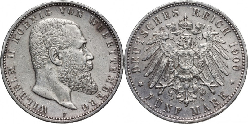 Germany, Wurttemberg, Wilhelm II, 5 Mark 1900 F, Stuttgart Reference: Jeager 176...