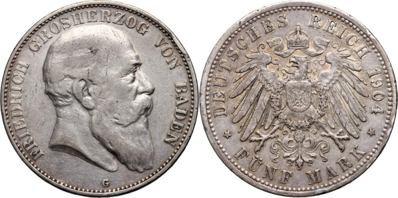 Germany, Baden, Frederick I, 5 mark 1904 G Reference: Jaeger 33
Grade: VF+