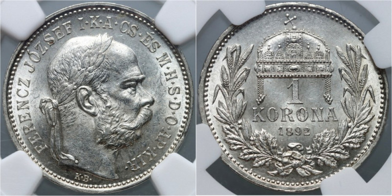 Hungary, Franz Joseph I, Crown 1892 KB, Kremnica, rare year A beautifully preser...