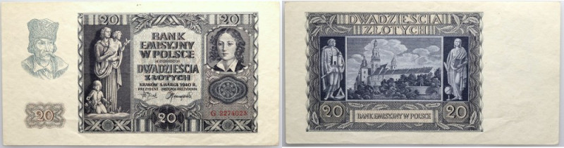 Generalne Gubernatorstwo, 20 złotych 1.03.1940, seria G Numer 2274023. 
Referen...