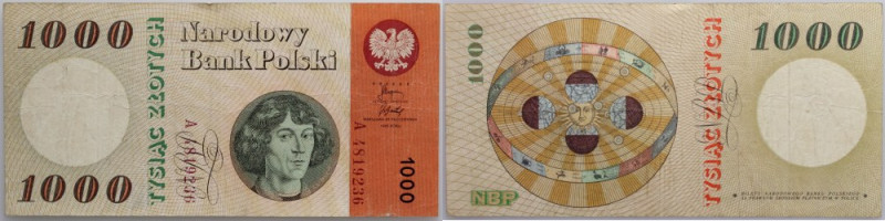 PRL, 1000 złotych 29.10.1965, seria A Numer 4819236. Złamania w pionie i poziomi...
