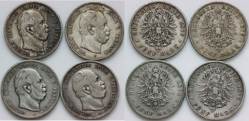 Germany, Prussia, Wilhelm I, set of 5 Mark coins from 1874-1876, (4 pieces) Refe...
