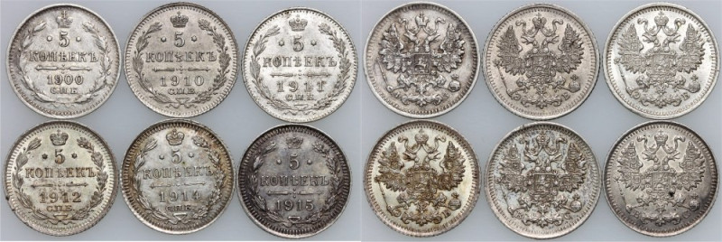 Russia, Nicholas II, 5 Kopecks, set of coins from 1900-1915, (6 pieces) Ładnie z...