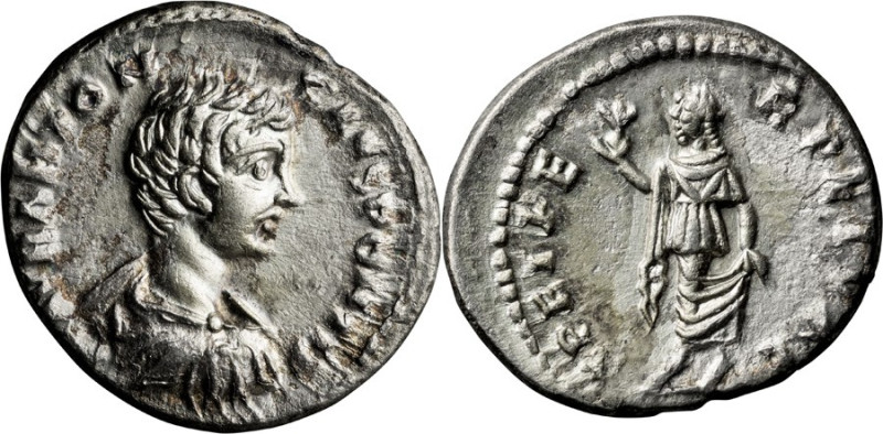 Caracalla as Caesar. Denarius; Caracalla as Caesar; 195-198 AD, New-style Easter...