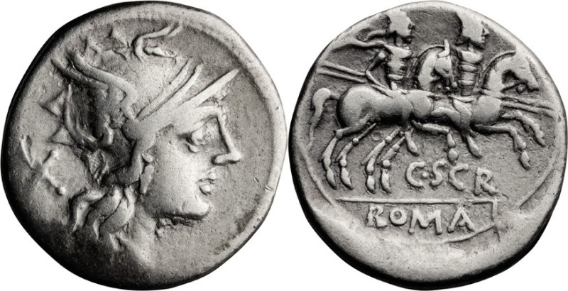 C. Scribonius. Denarius; C. Scribonius; 154 BC, Rome, Denarius, 3.52g. Cr-201/1,...
