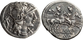 L. Cupiennius. Denarius; L. Cupiennius; 147 BC, Denarius, 3.60g. Crawford-218/1, Syd-404. Obv: Head of Roma r., wearing winged helmet, pendant earring...