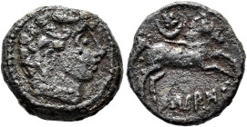 HISPANIA ANTIGUA. HISPANIA ANTIGUA. Arsaos. Cuarto. A/ Cabeza masculina con collar a der. R/ Caballo corriendo con rienda suelta a der., encima crecie...