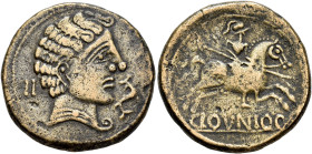 HISPANIA ANTIGUA. CLUNIA. Unidad. A/ Cabeza a der., delante delfín, detrás II. R/ Jinete lancero a der., debajo sobre línea CLOVNIOQ. AE 11,87 g. 27,0...