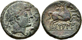HISPANIA ANTIGUA. TAMANIU. Unidad. A/ Cabeza masculina a der., delante, dos delfines, detrás, signo ibérico: TA. R/ Jinete lancero a der., debajo, sob...