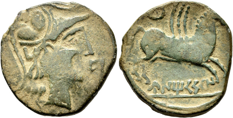 HISPANIA ANTIGUA. UNTIKESKEN. As. A/ Cabeza de Palas a der., delante Eba. R/ Peg...