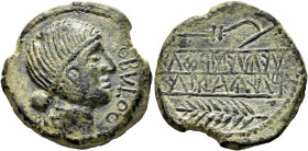 HISPANIA ANTIGUA. OBULCO. As. A/ Cabeza femenina a der., delante ley. interna; OBVLCO. R/ Arado a izq., abajo, espiga a izq., entre ellos y entre líne...