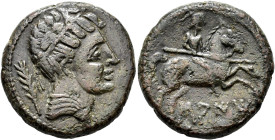 HISPANIA ANTIGUA. SAITI. Unidad. A/ Cabeza diademada y con manto a der., detrás palma. R/ Jinete lancero a der.; SAITi. AE 11,23 g. 25,42 mm. I-2100; ...