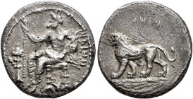GRECIA ANTIGUA. CILICIA. Mazaios. Tarso. Estátera. A/ Baal sentado a izq. con cetro, delante timiaterio, bajo el trono rosa, detrás leyenda. R/ León a...