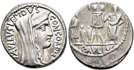 REPÚBLICA ROMANA. AEMILIA. Paullus Aemilius Lepidus. Denario. Roma (62 a.C.). A/ Cabeza velada y diademada de Concordia a der.; PAVLLVS LEPIDVS CONCOR...