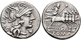 REPÚBLICA ROMANA. ANTESTIA. L. Antestius Gragulus. Denario. Roma (136 a.C.). A/ Cabeza de Roma a der., detrás GRAG. R/ Júpiter en cuadriga a der., deb...