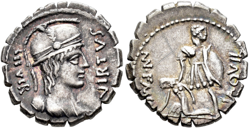 REPÚBLICA ROMANA. AQUILIA. Mn. Aquilius. Denario serrato. Roma (71 a.C.). A/ Bus...