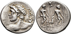 REPÚBLICA ROMANA. CAESIA. L. Caesius. Denario. Roma (112-111 a. C.). A/ Busto de Apolo visto de espaldas con haz de rayos, detrás monograma. R/ Los la...