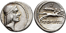 REPÚBLICA ROMANA. CALPURNIA. C. Calpurnius Piso Frugi. Denario. Roma (67 a. C.). A/ Cabeza de Apolo a der., detrás ¿S? R/ Jinete a der., encima L inve...