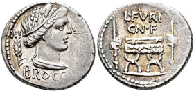 REPÚBLICA ROMANA. FURIA. L. Furius Cn. F Brocchus. Denario. Roma (63 a.C.). A/ Cabeza de Ceres a der. entre grano y espiga; III-VIR/BROCCHI. R/ Silla ...