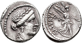 REPÚBLICA ROMANA. HOSTILIA. L. Hostilius Saserna. Denario. Roma (48 a.C.). A/ Cabeza de Venus a der. R/ Victoria a der. con trofeo y caduceo; (L. HOST...