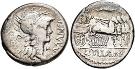 REPÚBLICA ROMANA. MANLIA. L. Manlius Torquatus. Denario. Acuñación oriental (82 a.C.). A/ Cabeza de Roma. R/ Sila en cuadriga a der. coronado por Vict...