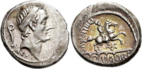 REPÚBLICA ROMANA. MARCIA. C. Marcius Philippus. Denario. Roma (56 a.C.). A/ Cabeza de Anco Marcio diademada a der., detrás lítuo; ANCVS. R/ Estatua ec...