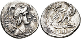REPÚBLICA ROMANA. PLAETORIA. M. Plaetorius Cestianus. Denario. Roma (67 a.C.). A/ Cabeza de Vacuna a der., delante cornucopia, detrás arco y carcaj; C...