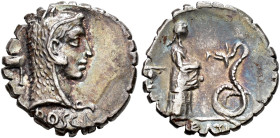 REPÚBLICA ROMANA. ROSCIA. L. Roscius Fabatus. Denario serrato. Italia central (64 a.C.). A/ Cabeza de Juno Sospita a der., detrás símbolo; (L) ROSCI. ...