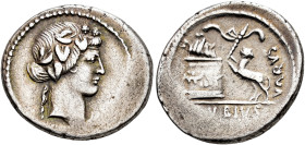 REPÚBLICA ROMANA. VIBIA. C. Vibius Varus. Denario. Roma (42 a.C.). A/ Cabeza de Baco a der. R/ Altar engalanado, tirso y pantera; (C) VIBIVS /VARVS. C...