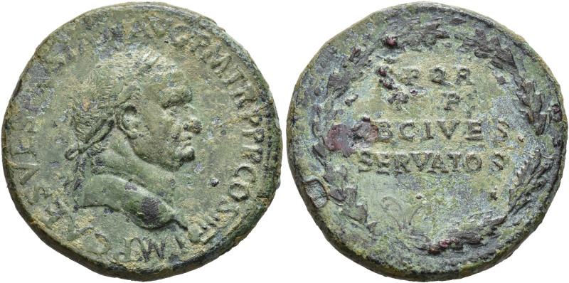 IMPERIO ROMANO. VESPASIANO. Sestercio. Lugdunum (71 d.C.). A/ Cabeza laureada a ...