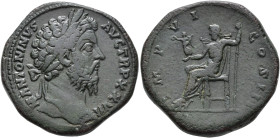 IMPERIO ROMANO. MARCO AURELIO. Sestercio. Roma (172-173 d.C.). A/ Cabeza laureada a der.; M. ANTONINVS- AVG TR P XXVII. R/ Júpiter sentado a izq. con ...