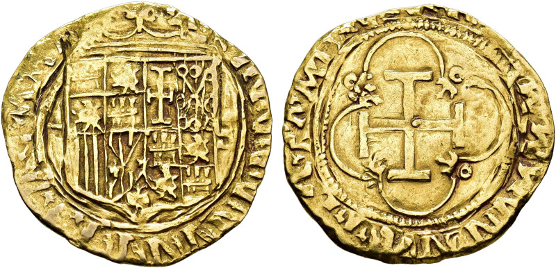 JUANA Y CARLOS. Escudo. Sevilla. D cuadrada-S. AU 3,3 g. 23,59 mm. AC-199. Raya ...