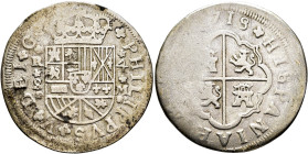 FELIPE V. 4 reales. 1718. Sevilla. M. AR 10,63 g. 34,16 mm. VI-975; AC-1222. Amplio vano en rev. MBC-.