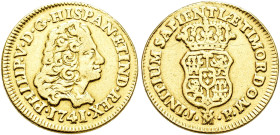 FELIPE V. Escudo. 1741. Madrid. JF. AU 3,3 g. 17,73 mm. VI-1340; AC-1720. Estuvo colgada. MBC-.